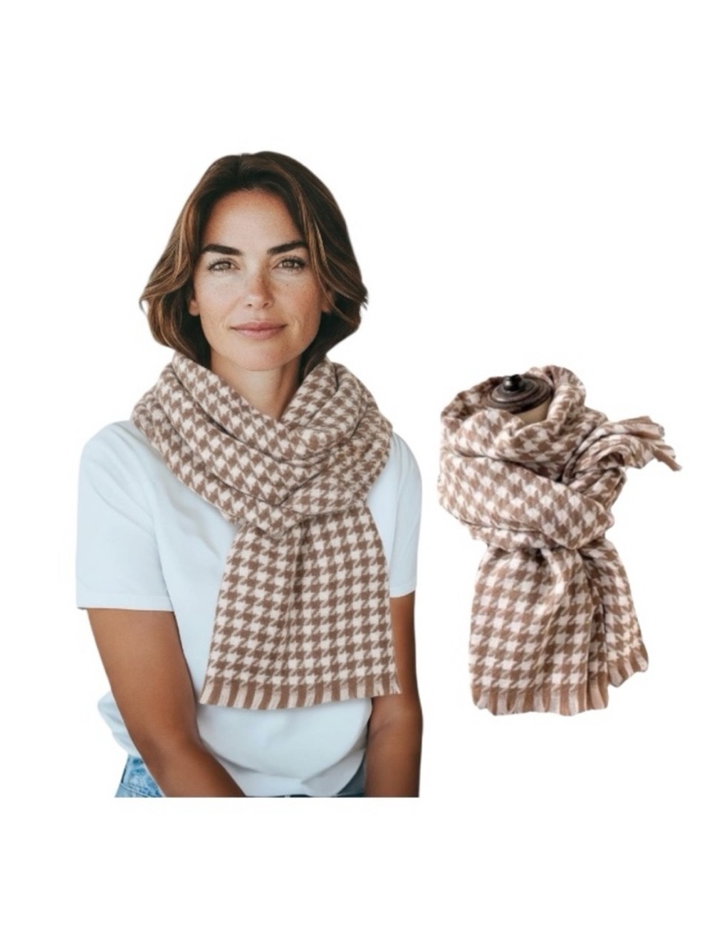 Time And Tru Brown Strip Houndstooth Blanket Wrap
